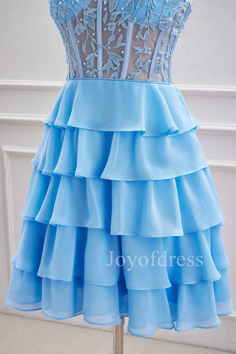 Strapless Blue Sheer Corset A-Line Ruffle Homecoming Dress