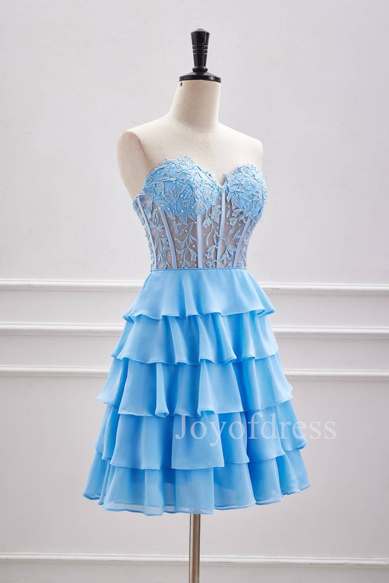 Strapless Blue Sheer Corset A-Line Ruffle Homecoming Dress
