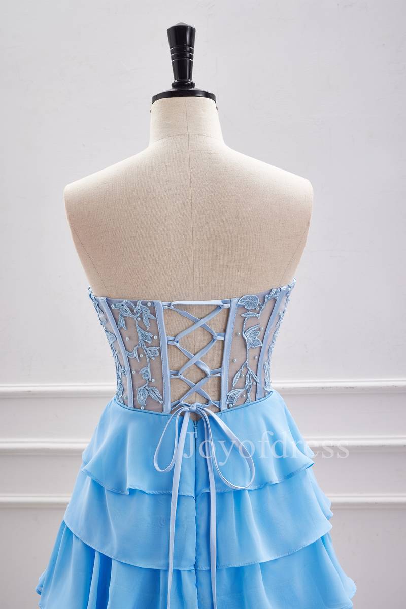 Strapless Blue Sheer Corset A-Line Ruffle Homecoming Dress