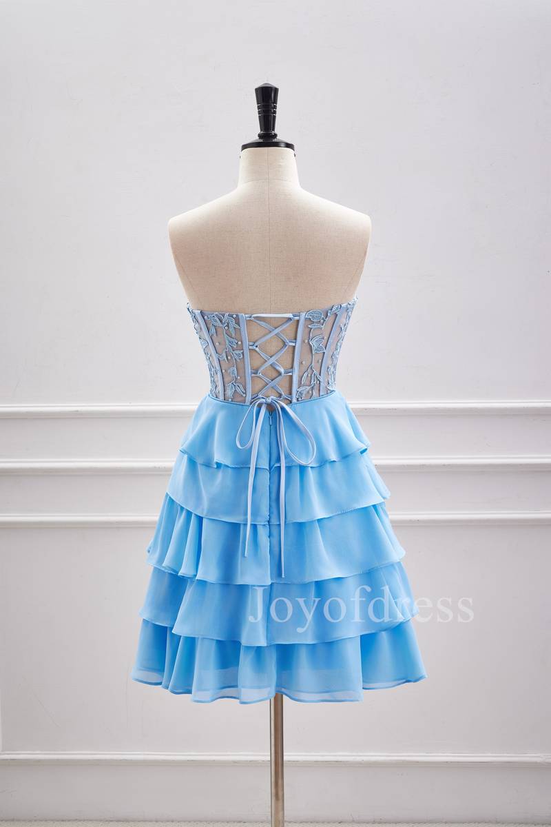 Strapless Blue Sheer Corset A-Line Ruffle Homecoming Dress | Joyofdress Strapless Blue Sheer Corset A-Line Ruffle Homecoming Dress | Joyofdress