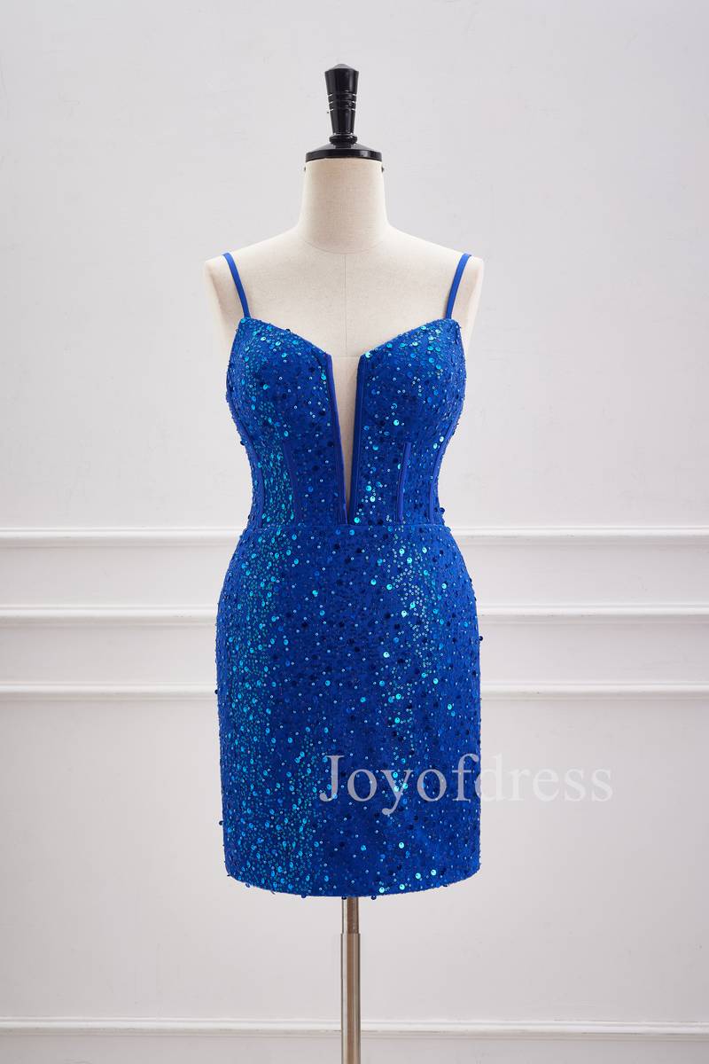 Sparkly Plunging Neck Straps Royal Blue Sequin Mini Dress