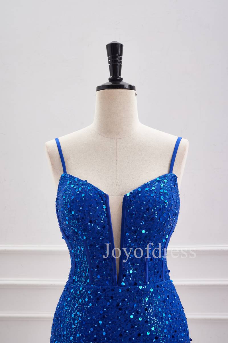 Sparkly Plunging Neck Straps Royal Blue Sequin Mini Dress