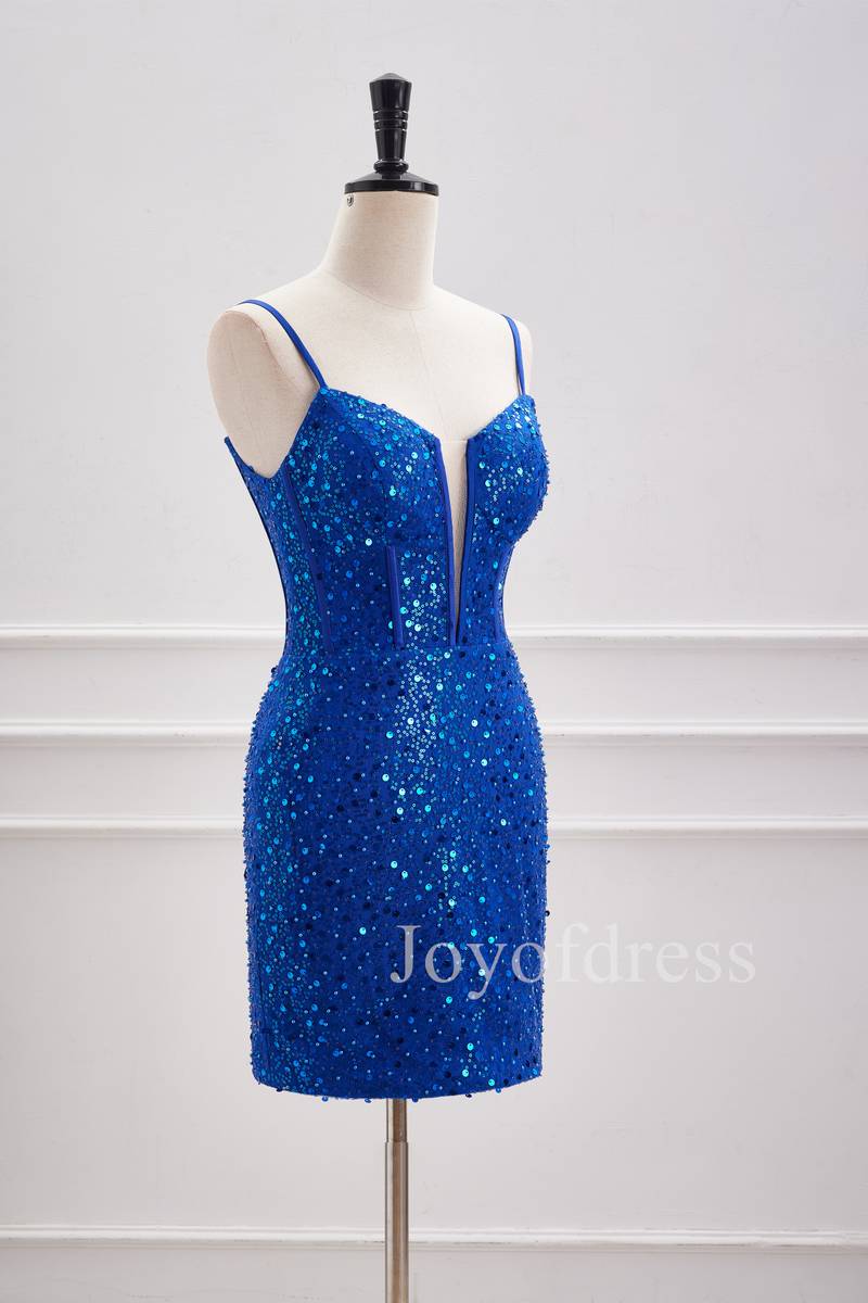 Sparkly Plunging Neck Straps Royal Blue Sequin Mini Dress