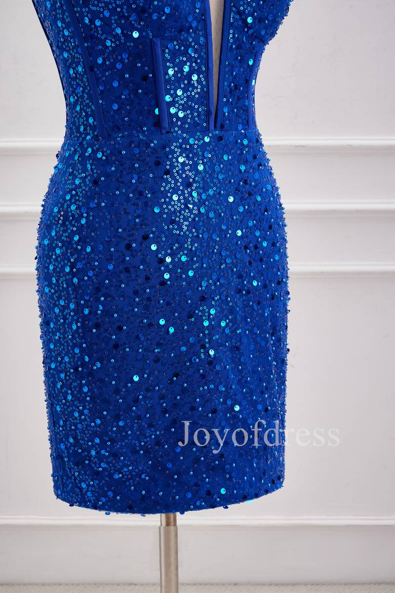 Sparkly Plunging Neck Straps Royal Blue Sequin Mini Dress