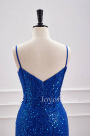 Sparkly Plunging Neck Straps Royal Blue Sequin Mini Dress