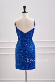 Sparkly Plunging Neck Straps Royal Blue Sequin Mini Dress