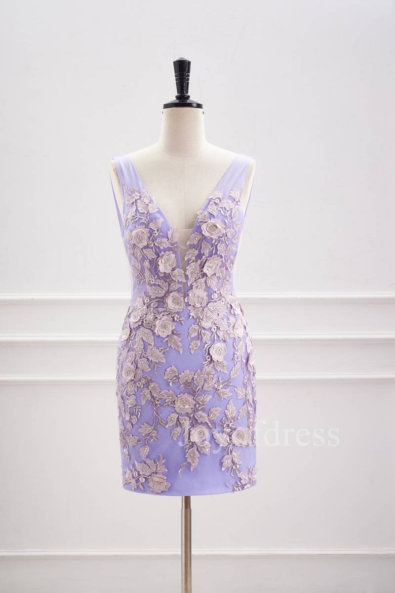 Plunging Neck Lavender 3D Flowers Fitted Homecoming Dress