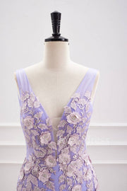 Plunging Neck Lavender 3D Flowers Fitted Homecoming Dress