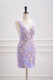 Plunging Neck Lavender 3D Flowers Fitted Homecoming Dress