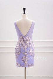 Plunging Neck Lavender 3D Flowers Fitted Homecoming Dress