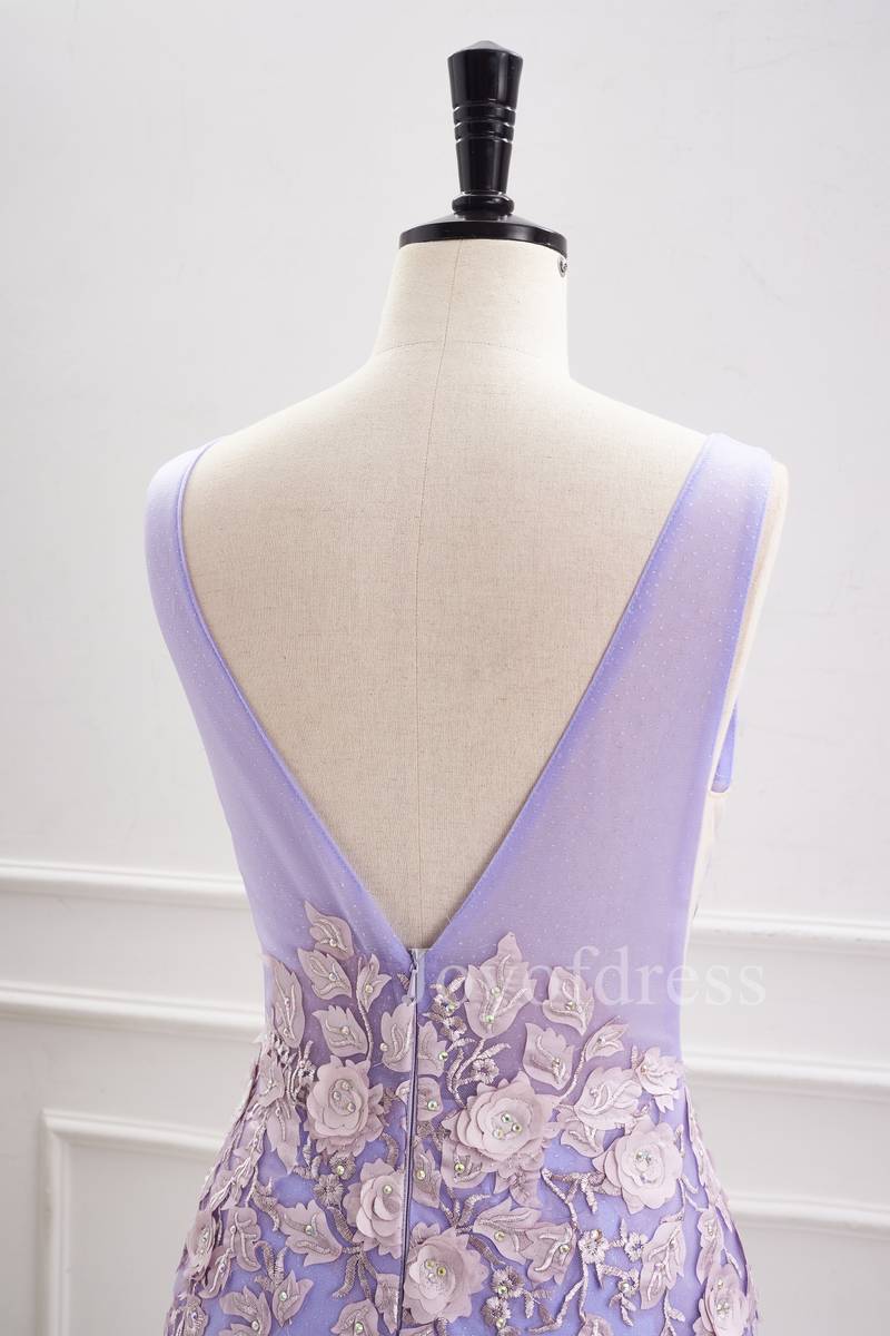 Plunging Neck Lavender 3D Flowers Fitted Homecoming Dress