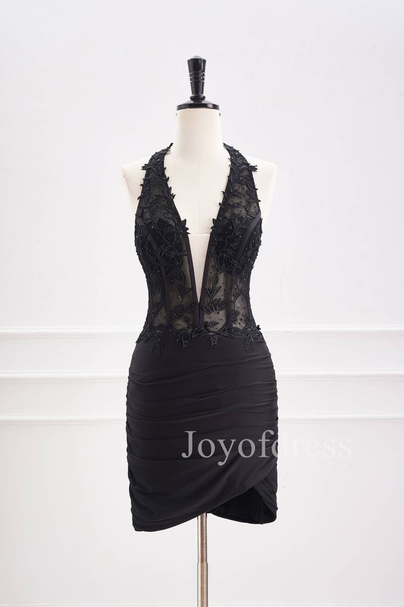 Halter Black Appliques Ruched Bodycon Homecoming Dress Black / US 12 Halter Black Appliques Ruched Bodycon Homecoming Dress Black / US 12