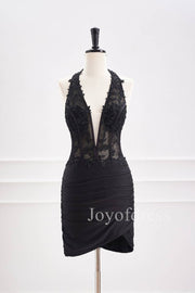 Halter Black Appliques Ruched Bodycon Homecoming Dress