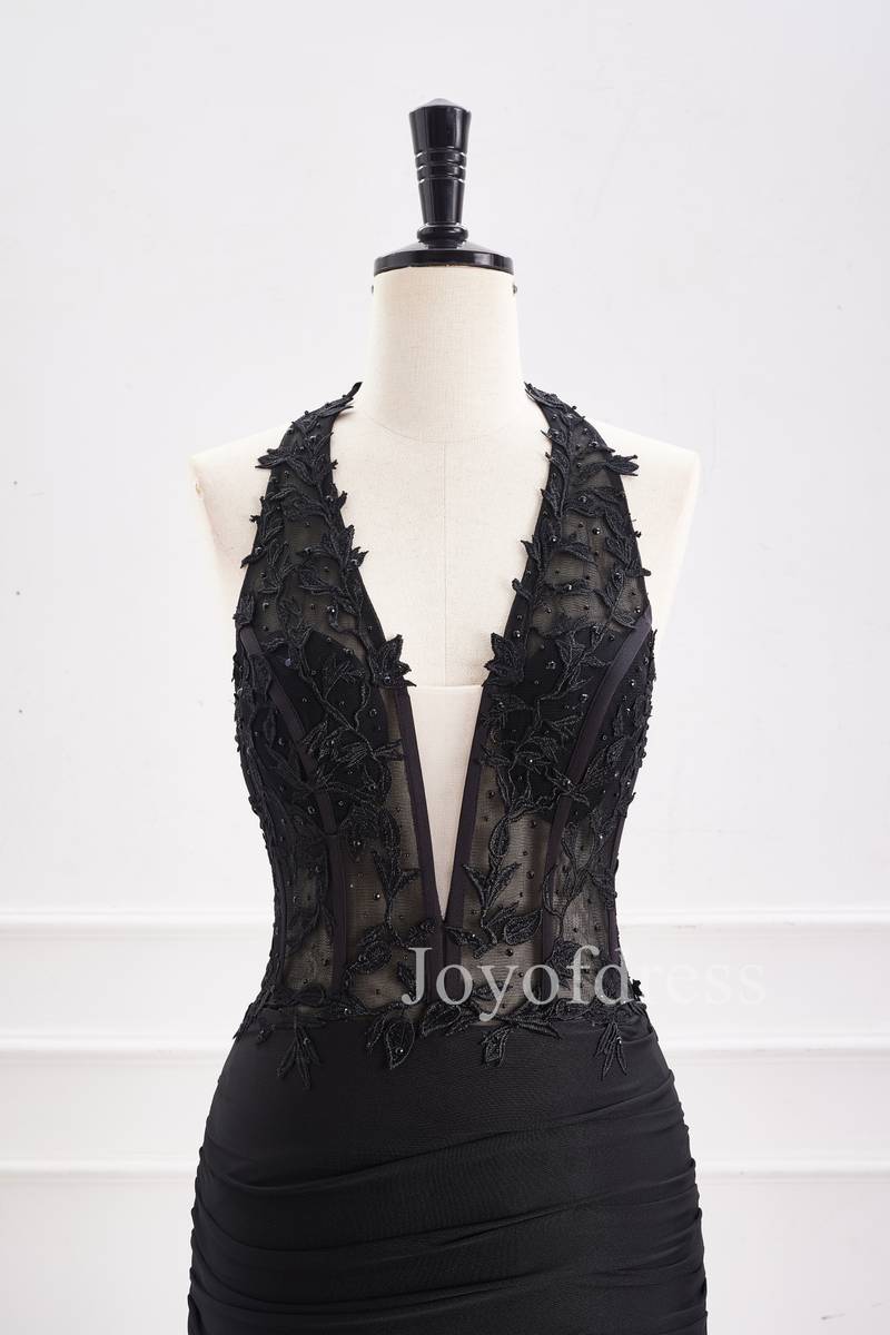 Halter Black Appliques Ruched Bodycon Homecoming Dress | Joyofdress Halter Black Appliques Ruched Bodycon Homecoming Dress | Joyofdress