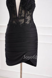 Halter Black Appliques Ruched Bodycon Homecoming Dress