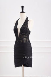 Halter Black Appliques Ruched Bodycon Homecoming Dress