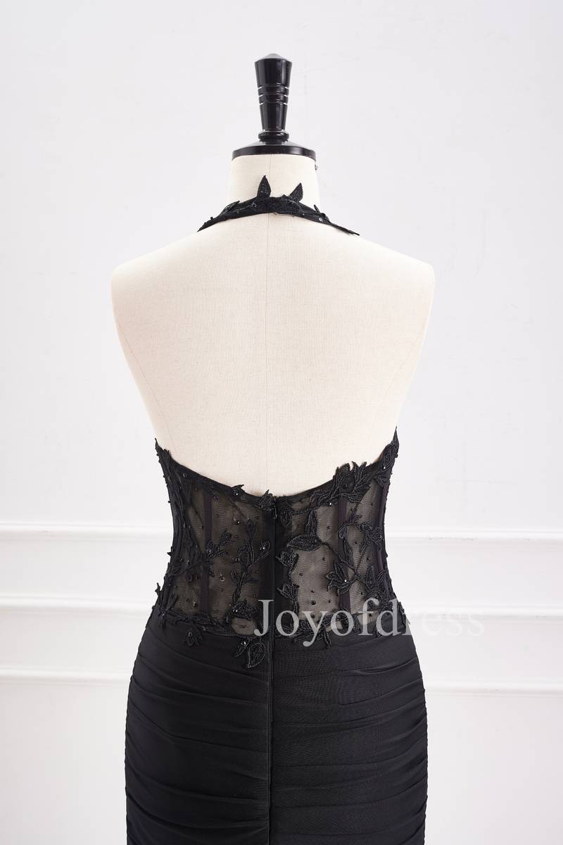 Halter Black Appliques Ruched Bodycon Homecoming Dress Black / US 12 Halter Black Appliques Ruched Bodycon Homecoming Dress Black / US 12