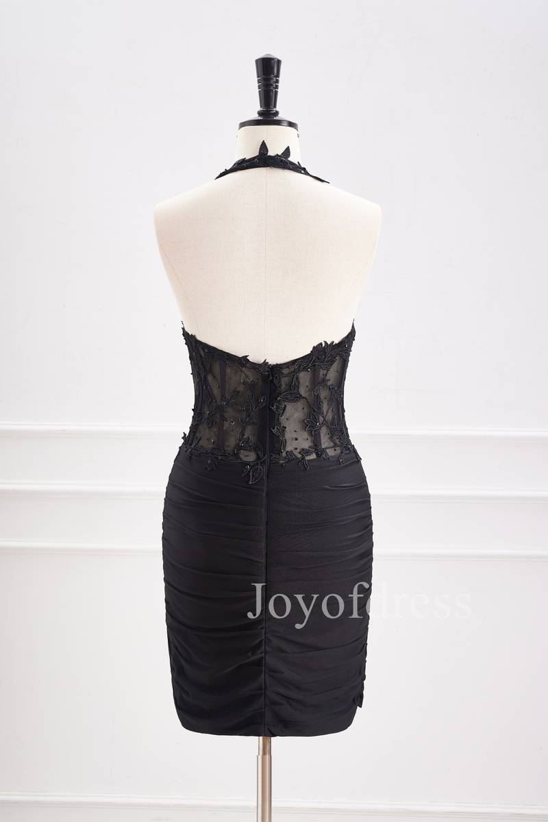 Halter Black Appliques Ruched Bodycon Homecoming Dress