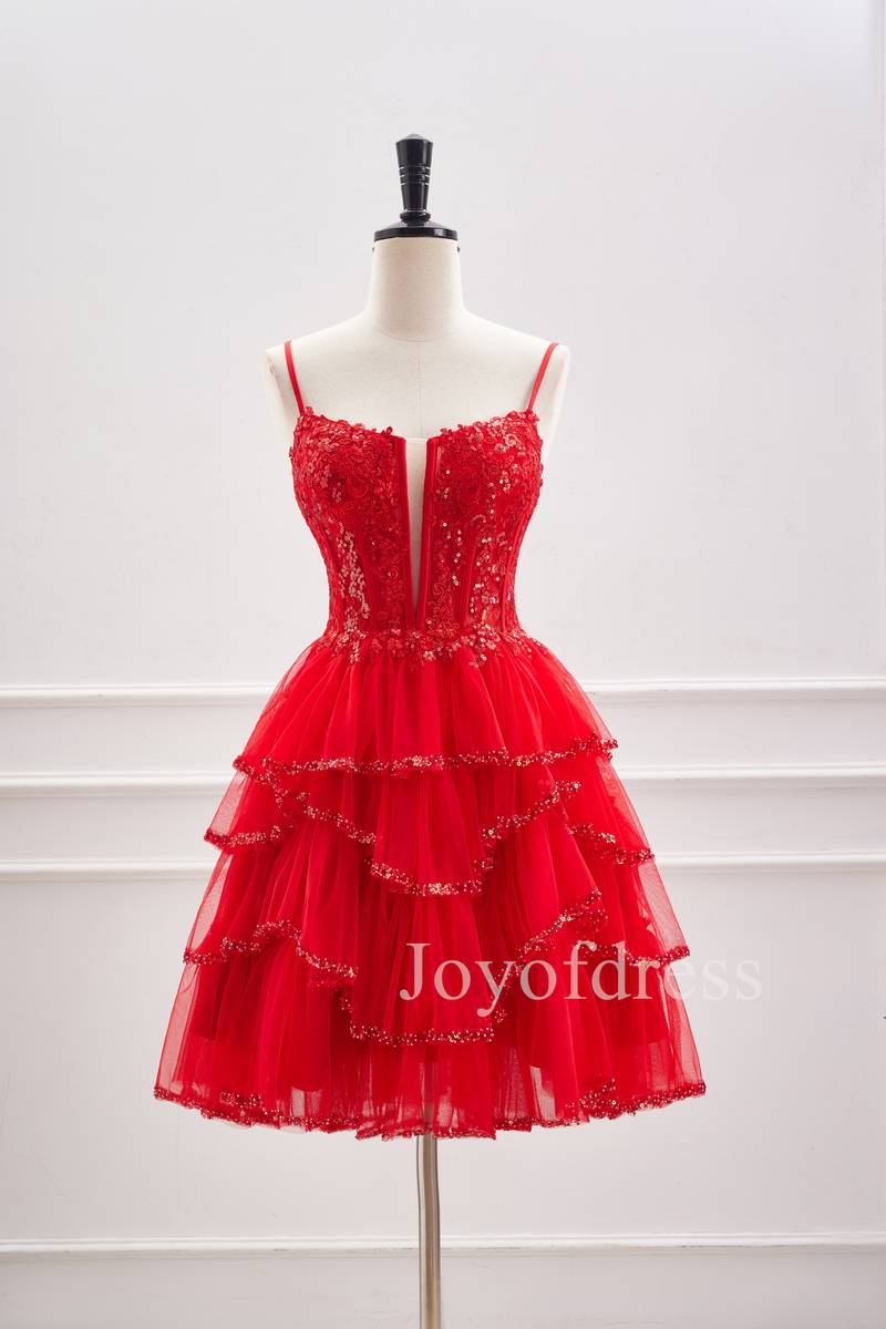 Straps Red Sequin Appliques Ruffle Short Homecoming Dress