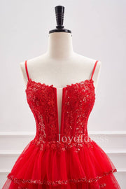 Straps Red Sequin Appliques Ruffle Short Homecoming Dress