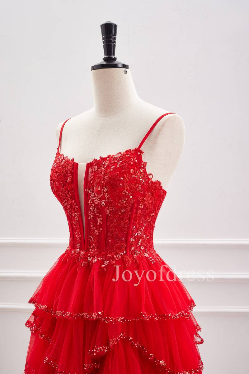 Straps Red Sequin Appliques Ruffle Short Homecoming Dress