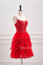 Straps Red Sequin Appliques Ruffle Short Homecoming Dress