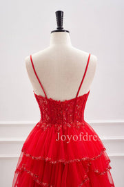 Straps Red Sequin Appliques Ruffle Short Homecoming Dress