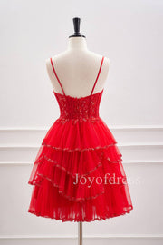 Straps Red Sequin Appliques Ruffle Short Homecoming Dress