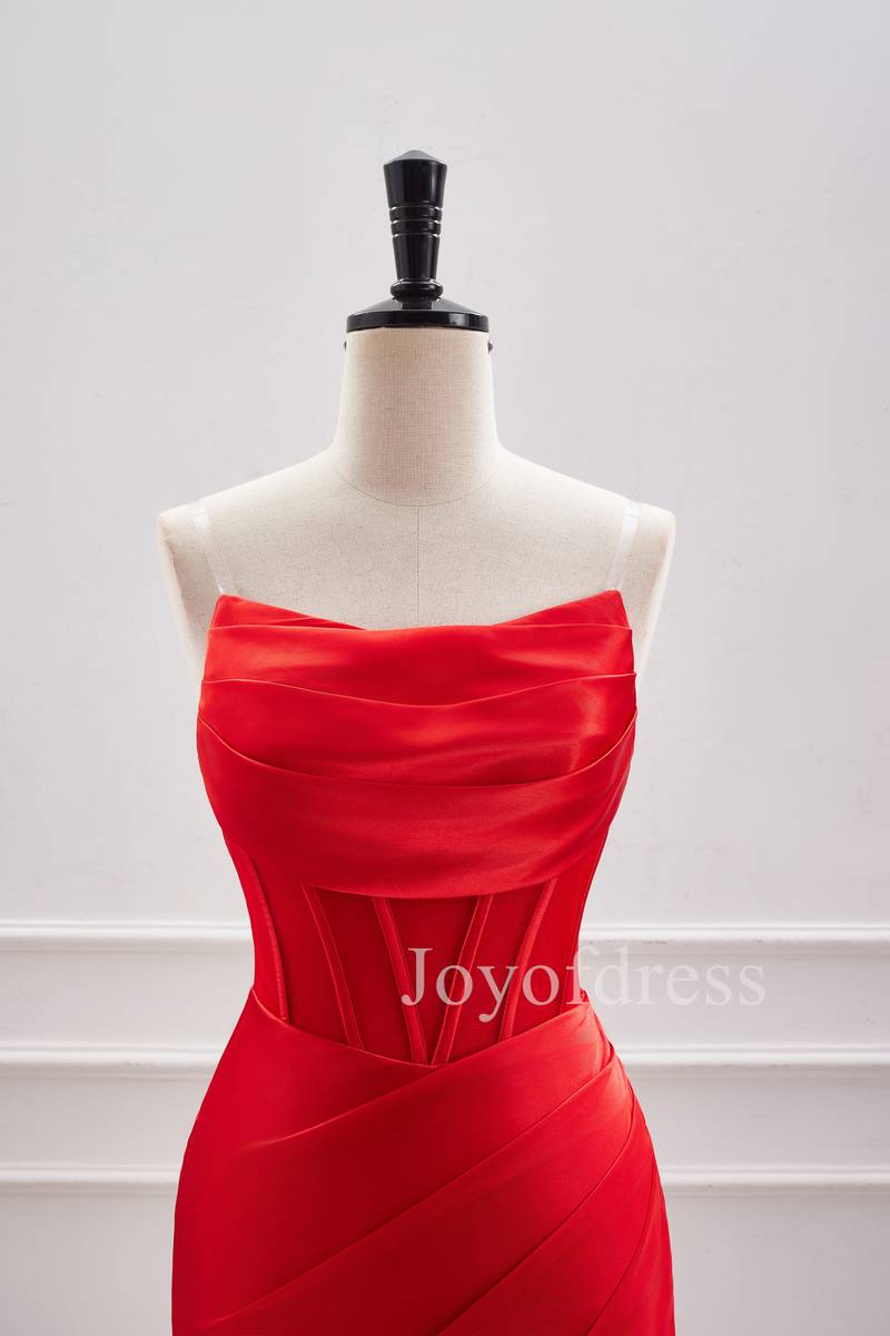 Strapless Red Lace-Up Ruched Mini Dress