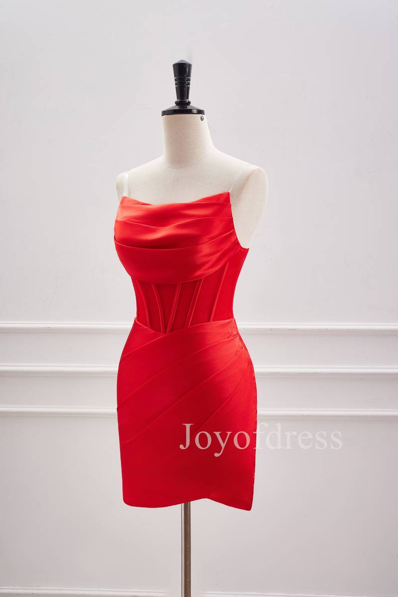 Strapless Red Lace-Up Ruched Mini Dress