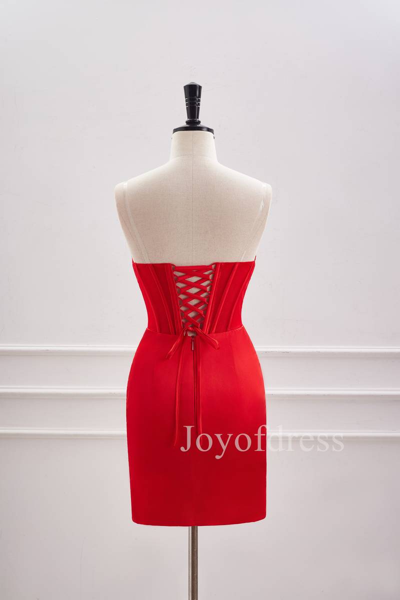 Strapless Red Lace-Up Ruched Mini Dress