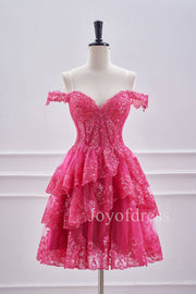 Hot Pink Lace Appliques Off the Shoulder Ruffle Homecoming Dress