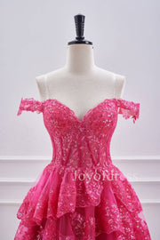 Hot Pink Lace Appliques Off the Shoulder Ruffle Homecoming Dress