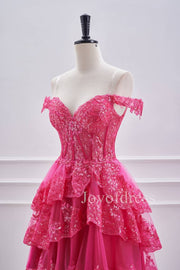 Hot Pink Lace Appliques Off the Shoulder Ruffle Homecoming Dress