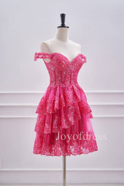 Hot Pink Lace Appliques Off the Shoulder Ruffle Homecoming Dress