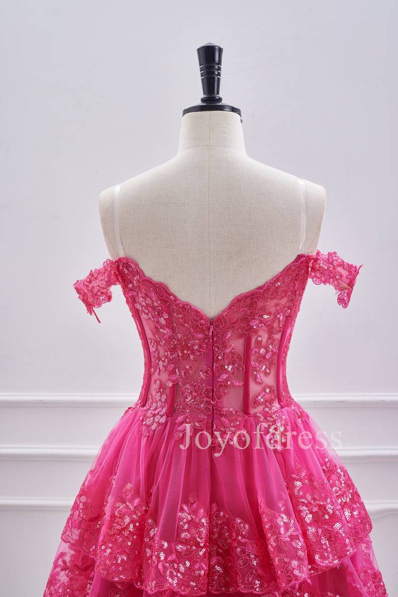 Hot Pink Lace Appliques Off the Shoulder Ruffle Homecoming Dress