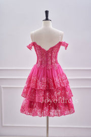 Hot Pink Lace Appliques Off the Shoulder Ruffle Homecoming Dress