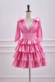 Hot Pink Plunging Neck Pleated Layered Short Homecoming Dress