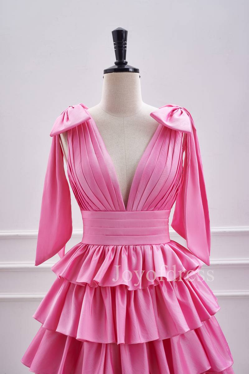 Hot Pink Plunging Neck Pleated Layered Short Homecoming Dress