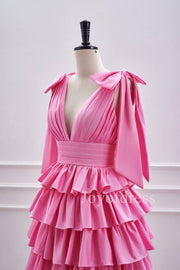 Hot Pink Plunging Neck Pleated Layered Short Homecoming Dress