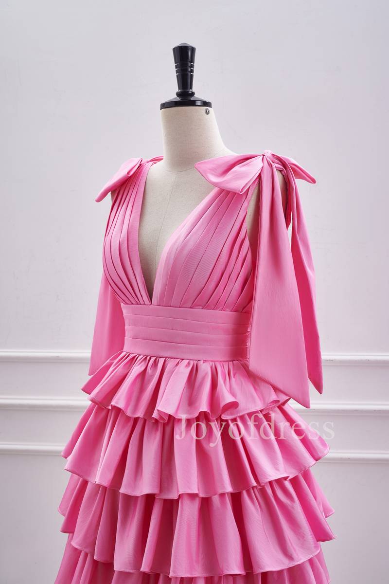 Hot Pink Plunging Neck Pleated Layered Short Homecoming Dress