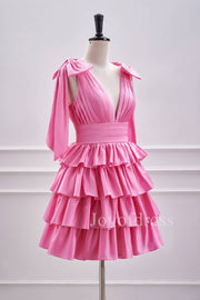 Hot Pink Plunging Neck Pleated Layered Short Homecoming Dress