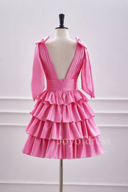 Hot Pink Plunging Neck Pleated Layered Short Homecoming Dress