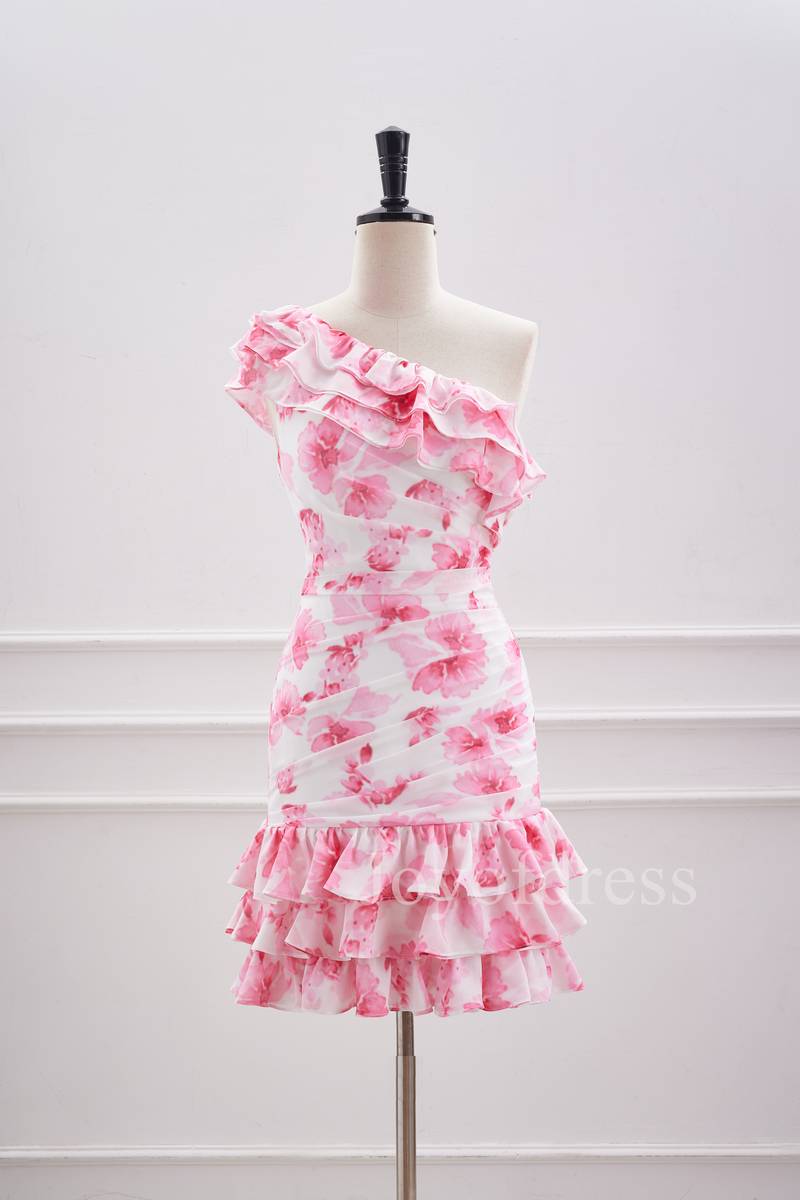 Ruffled One Shoulder Pink Floral Print Short Homecoming Dress