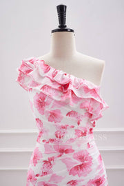 Ruffled One Shoulder Pink Floral Print Short Homecoming Dress