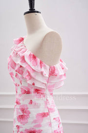 Ruffled One Shoulder Pink Floral Print Short Homecoming Dress