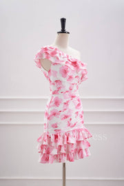 Ruffled One Shoulder Pink Floral Print Short Homecoming Dress