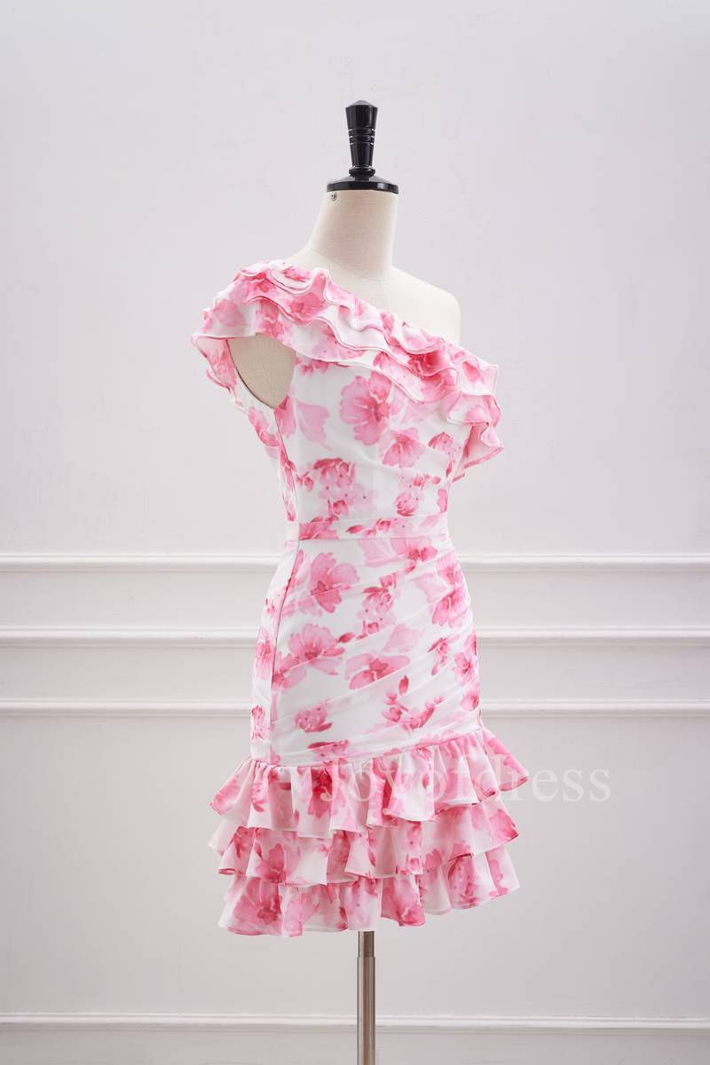 Ruffled One Shoulder Pink Floral Print Short Homecoming Dress