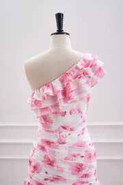 Ruffled One Shoulder Pink Floral Print Short Homecoming Dress