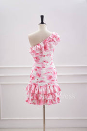 Ruffled One Shoulder Pink Floral Print Short Homecoming Dress